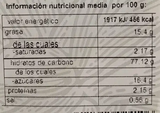 Ecogalleta de Espelta y Avena nutrition facts table