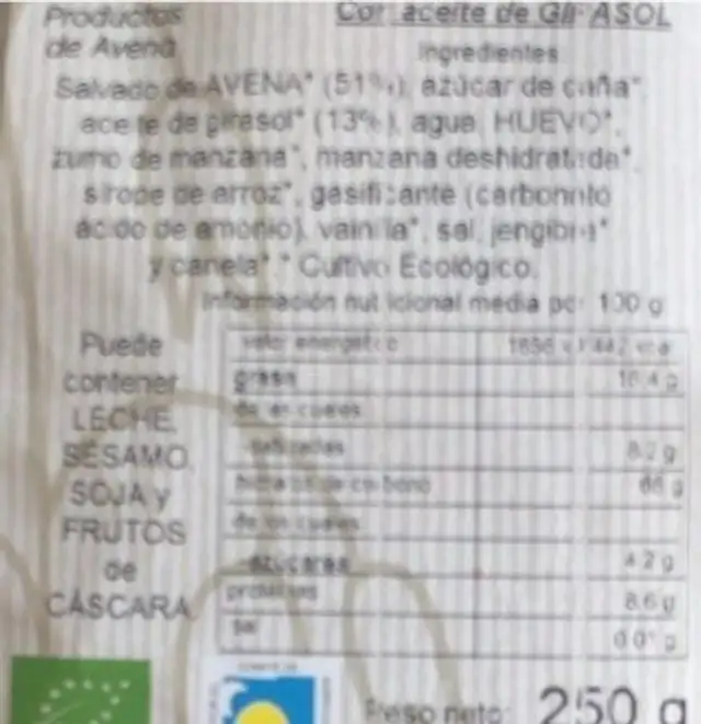 Tortas de salvado de avena nutrition facts table