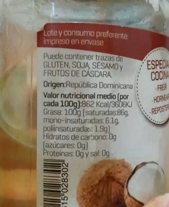 Aceite de coco ecológico nutrition facts table