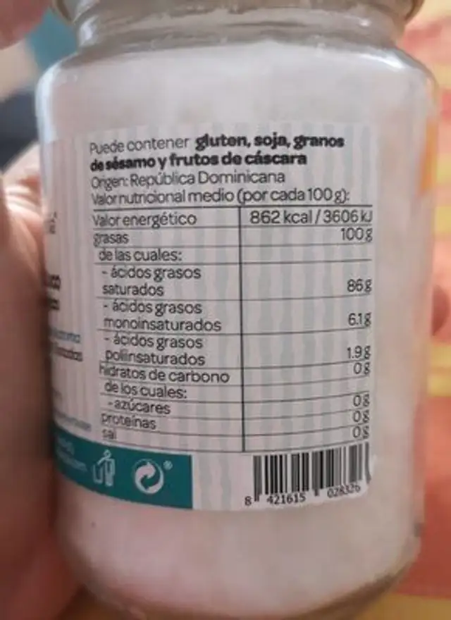 Aceite de coco nutrition facts table