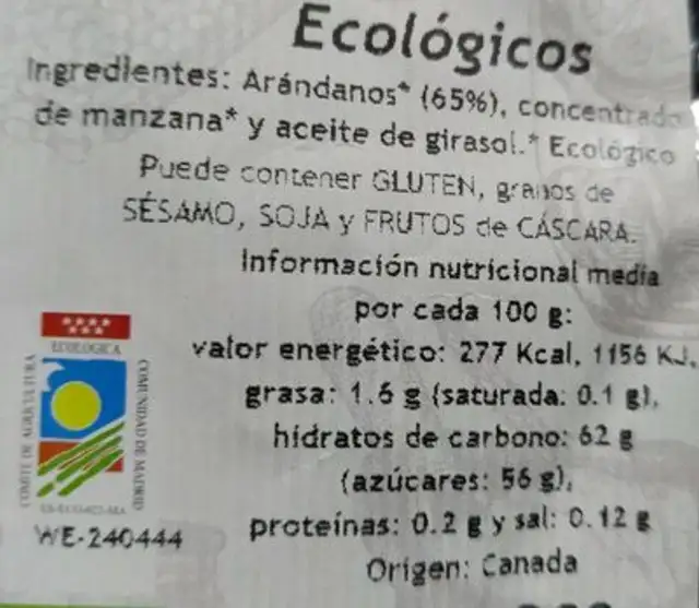 Arándanos ecológicos nutrition facts table