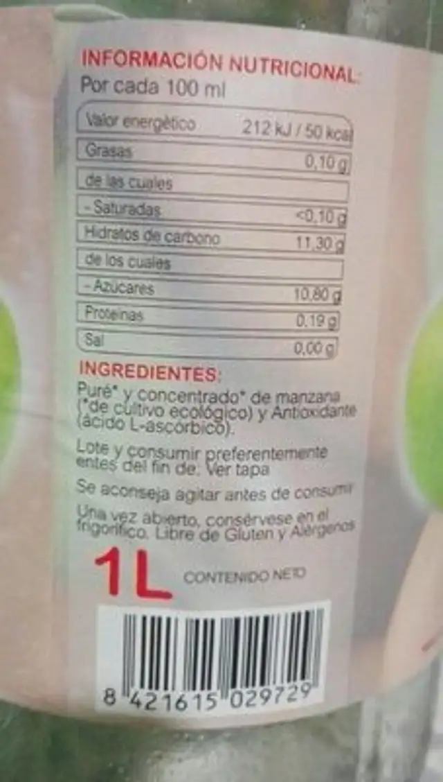 Zumo de manzana ecológica nutrition facts table