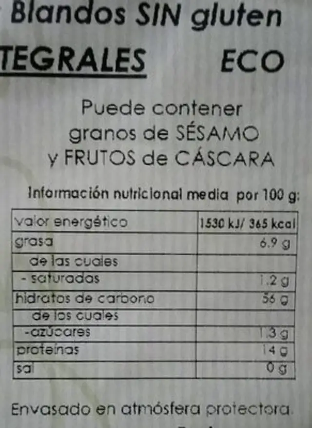 Copos de avena sin gluten nutrition facts table