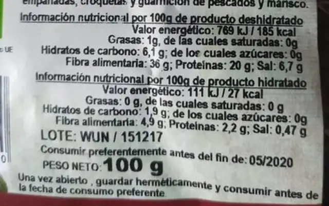 Ensalada de algas nutrition facts table