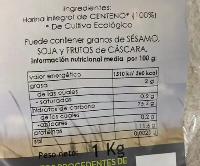 Harina Integral de centeno nutrition facts table