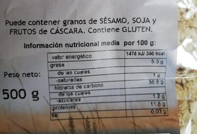 Copos integrales de avena finos nutrition facts table