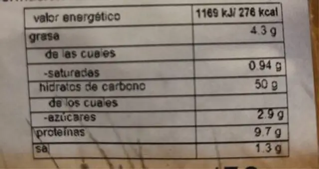 Pan Rústico de trigo khorasan Kamut nutrition facts table
