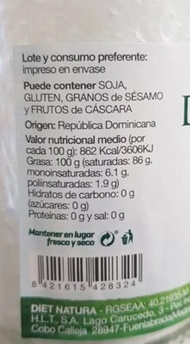 Aceite de coco nutrition facts table