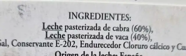 Queso fresco de cabra y vaca ingredients label