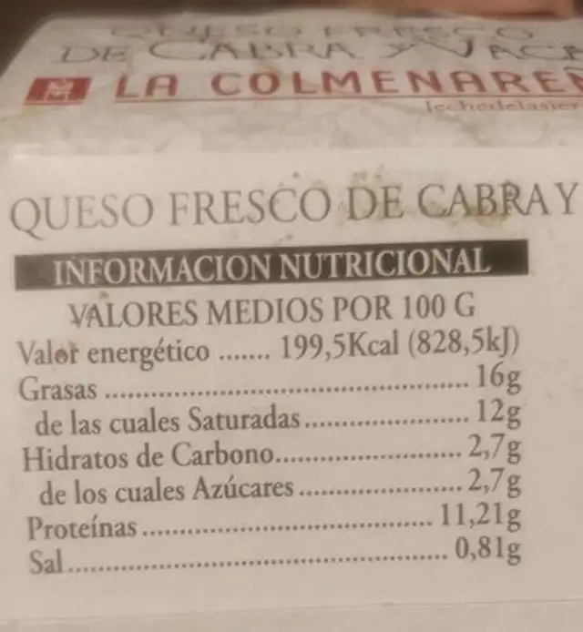 Queso fresco de cabra y vaca nutrition facts table
