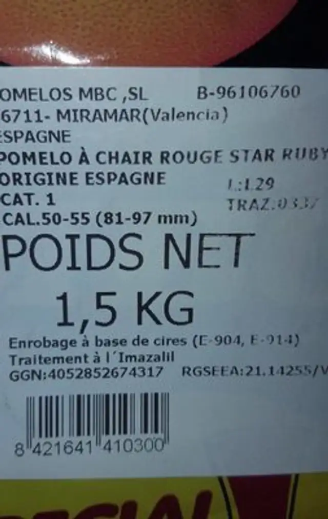 Pomelos ingredients label