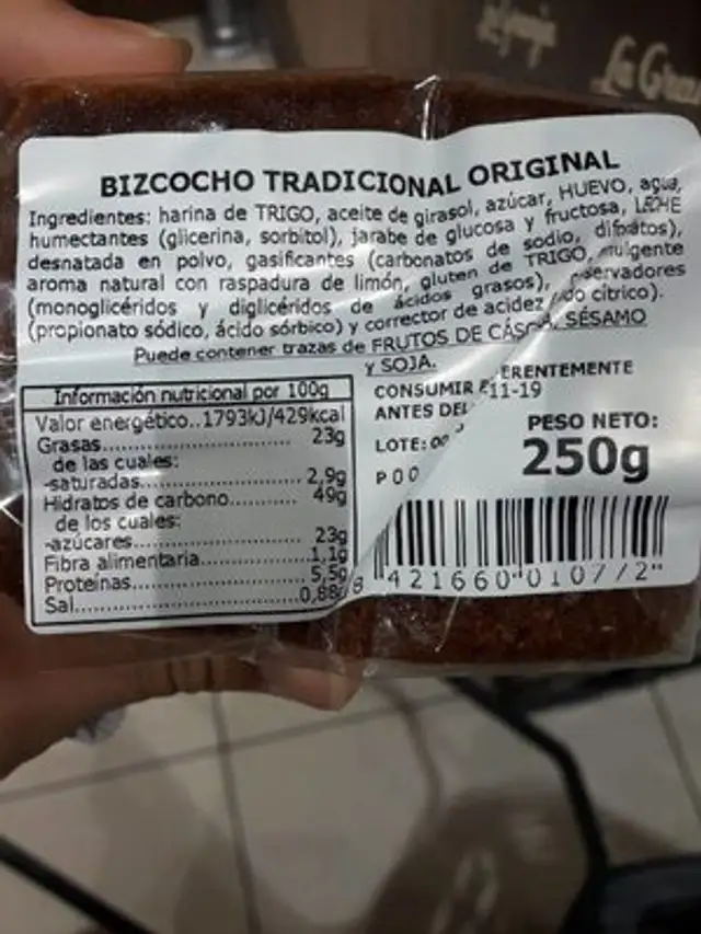 Bizcocho tradicional nutrition facts table