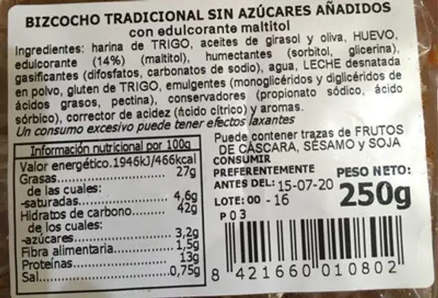 Bizcocho tradicional sin azúcares añadidos nutrition facts table