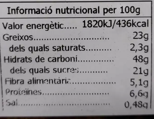 Bizcocho integral con fructosa nutrition facts table