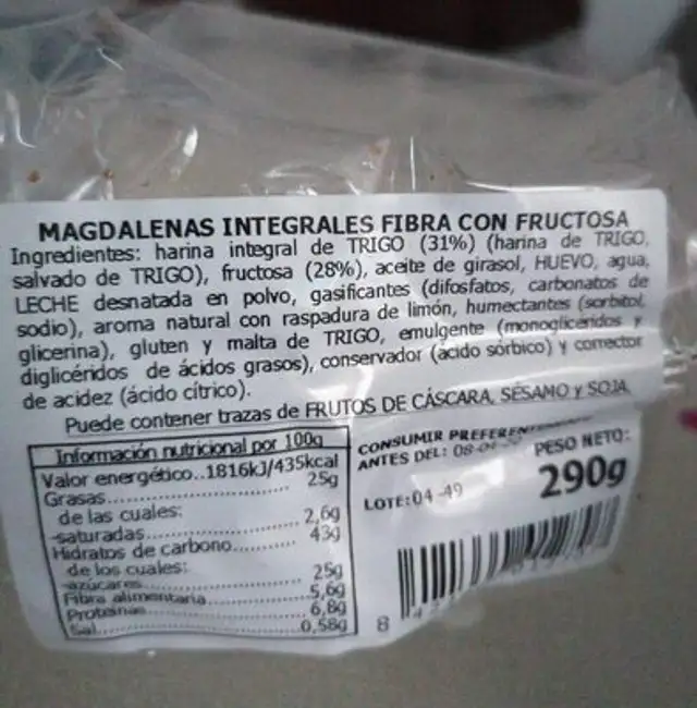 Magdalenas integrales fibra nutrition facts table