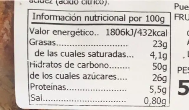 Bizcoho tradicional con chips de chocolate nutrition facts table