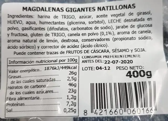 Magdalenas gigantes natillonas nutrition facts table
