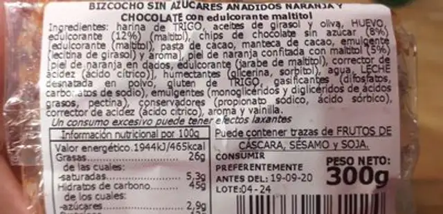 Bizcocho naranja y choco-chips nutrition facts table