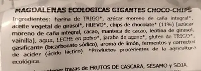 Magdalenas ecologicas gigantes choco-chips ingredients label