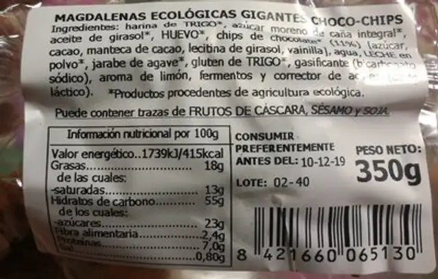Magdalenas ecologicas gigantes choco-chips nutrition facts table