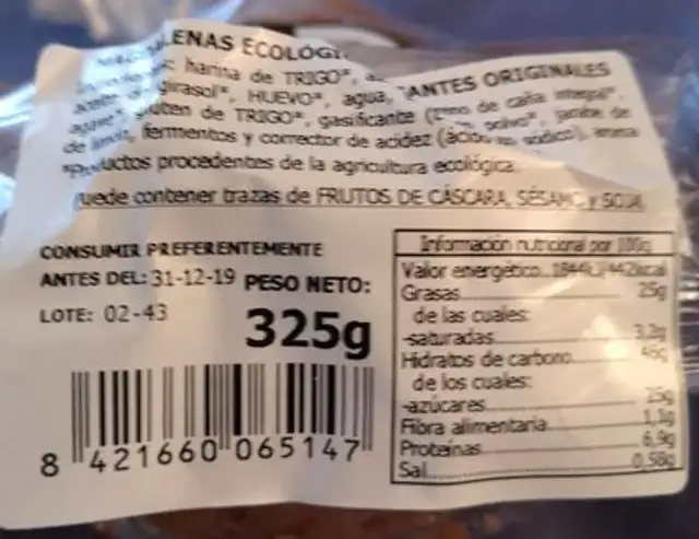 Magdalenas gigantes originales y ecológicas nutrition facts table