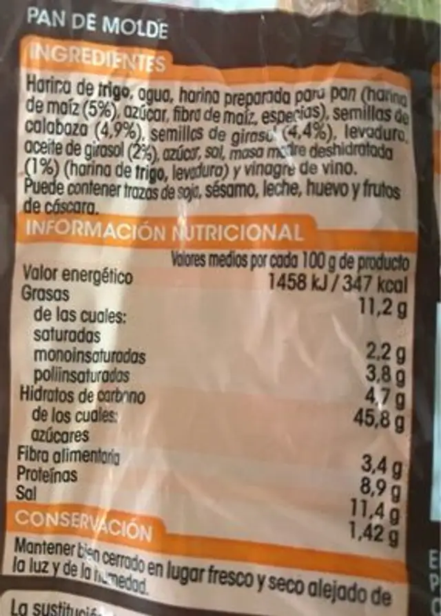 Hogaza con Maíz nutrition facts table