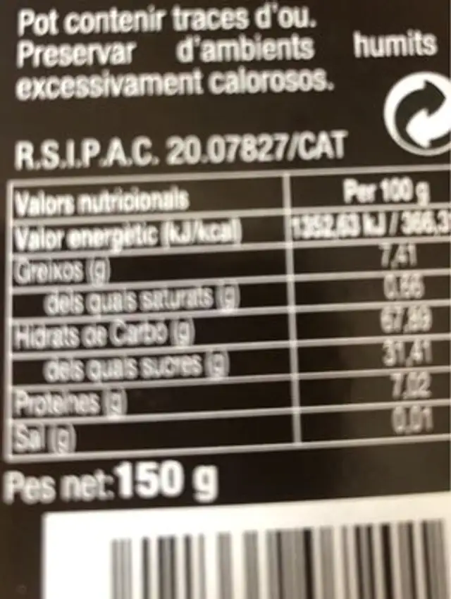 Carquinyolis nutrition facts table