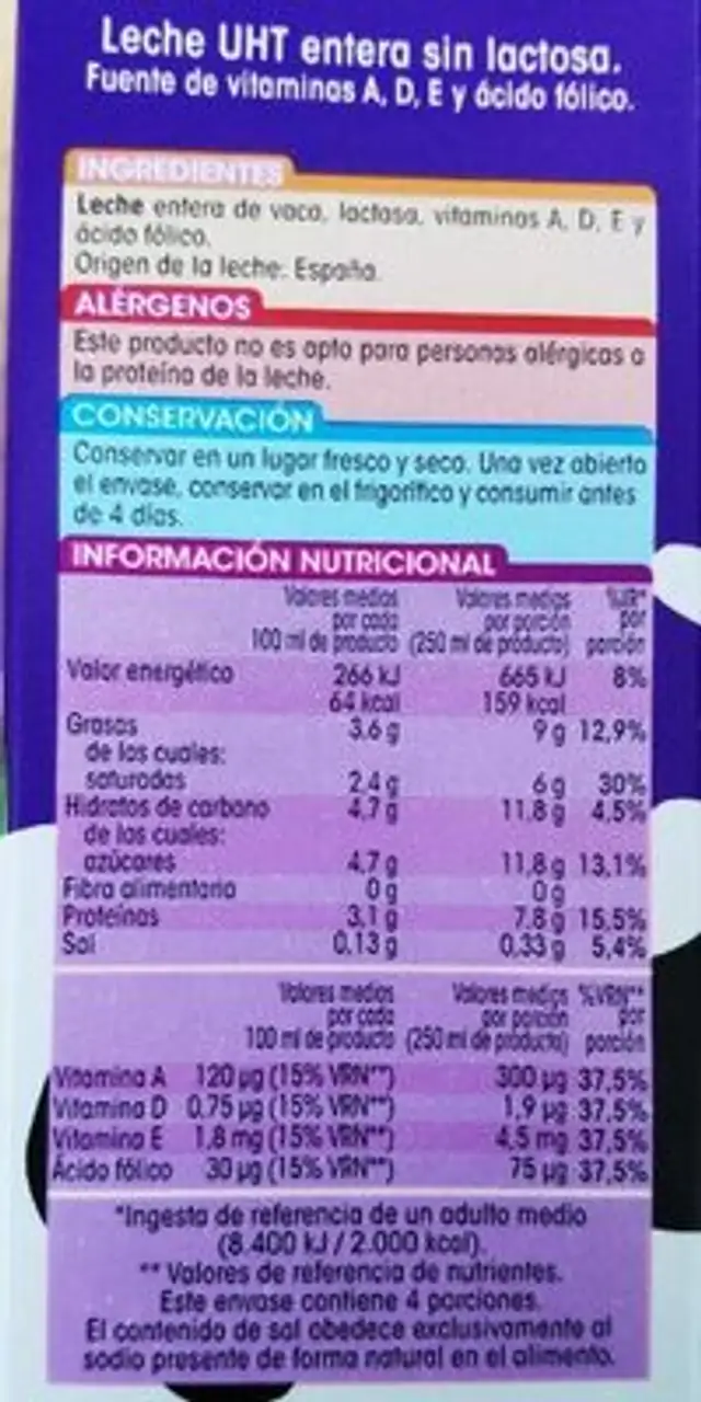 Leche nutrition facts table