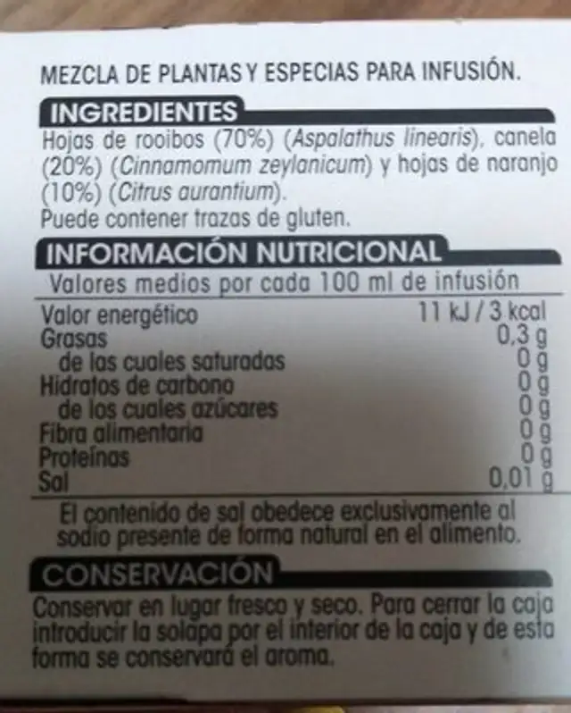 Roibos nutrition facts table