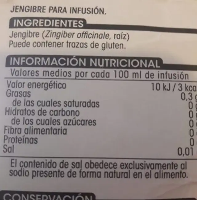Jengibre nutrition facts table