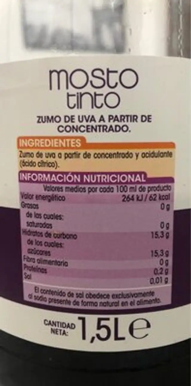 Mosto Tinto nutrition facts table