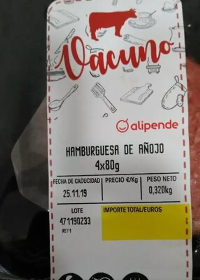 Hamburguesa de vacuno nutrition facts table