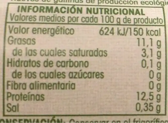 Huevos nutrition facts table