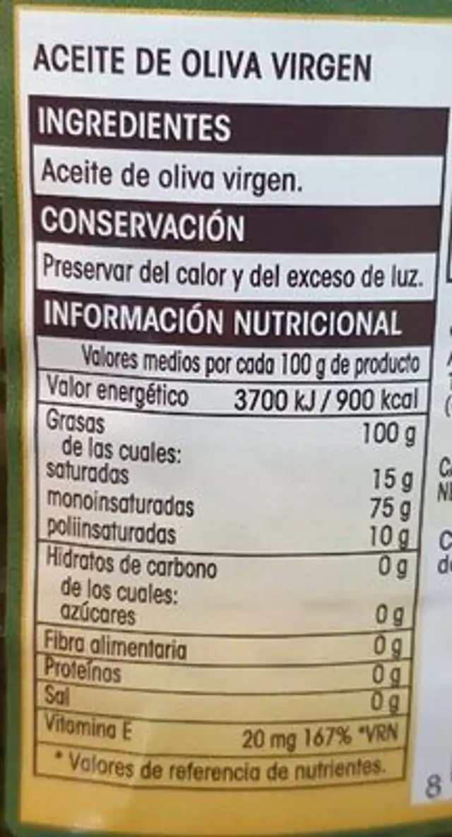 Aceite de Oliva Virgen nutrition facts table