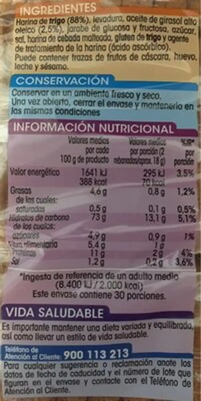Pan Tostado 60 rebanadas nutrition facts table