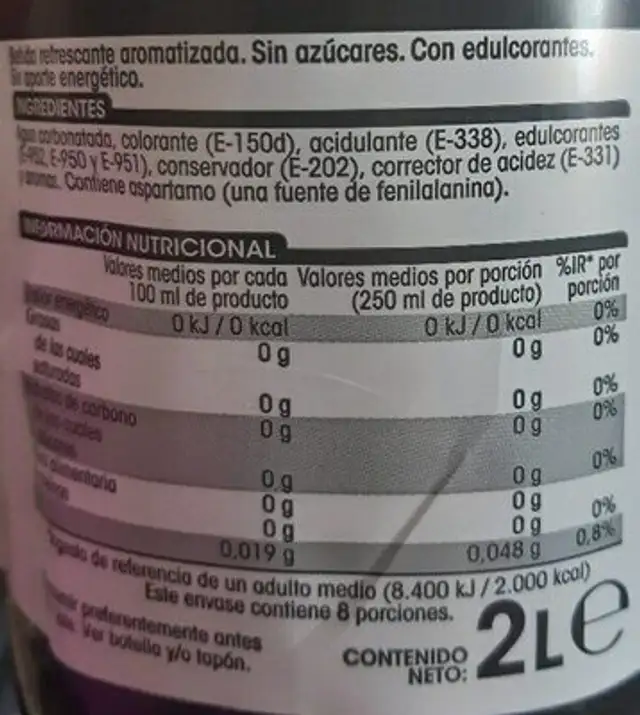 Cola zero sin cafeína ingredients label