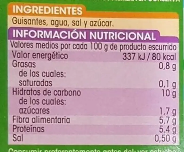 Guisantes medianos al natural nutrition facts table