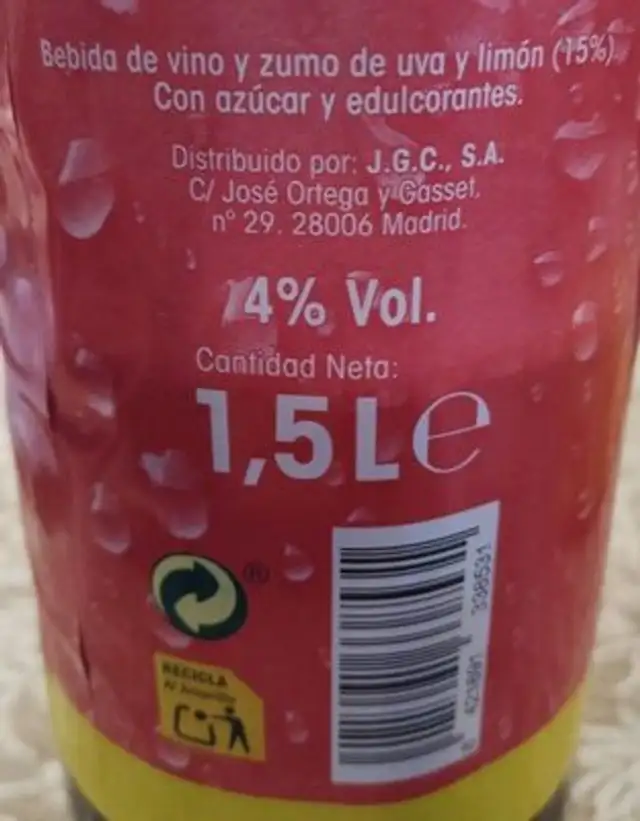Tinto de verano nutrition facts table