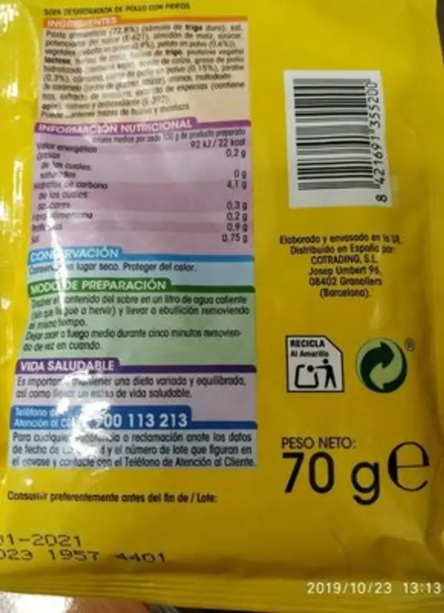 Sopa de pollo con fideos sin conservadores nutrition facts table