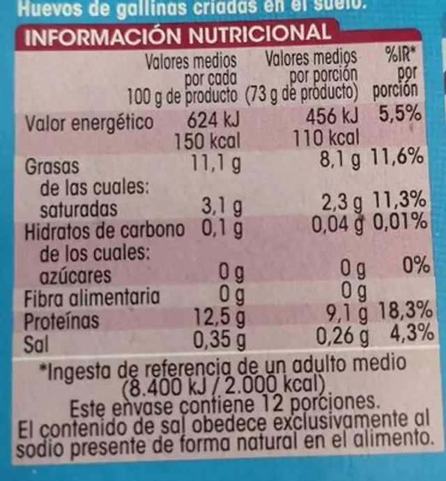 Huevos frescos de gallinas criadas en suelo nutrition facts table