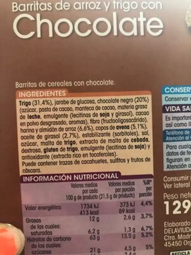 Barrita de arroz y trigo con chocolate ingredients label