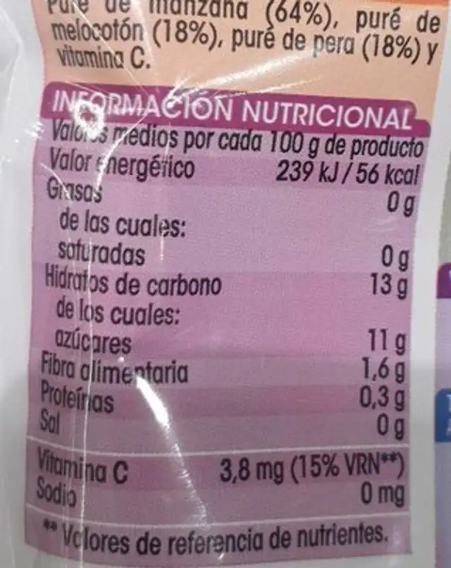 Pure de frutas nutrition facts table