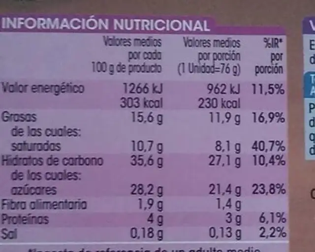 Como vainilla y chocolate nutrition facts table