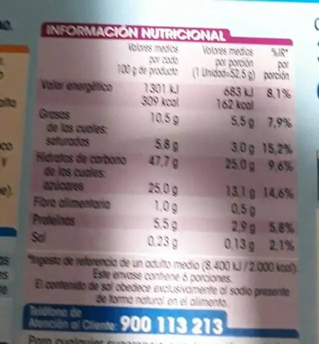 Sandwich leche con galleta de cacao nutrition facts table