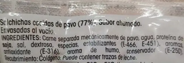 Salchichas Pavo ingredients label