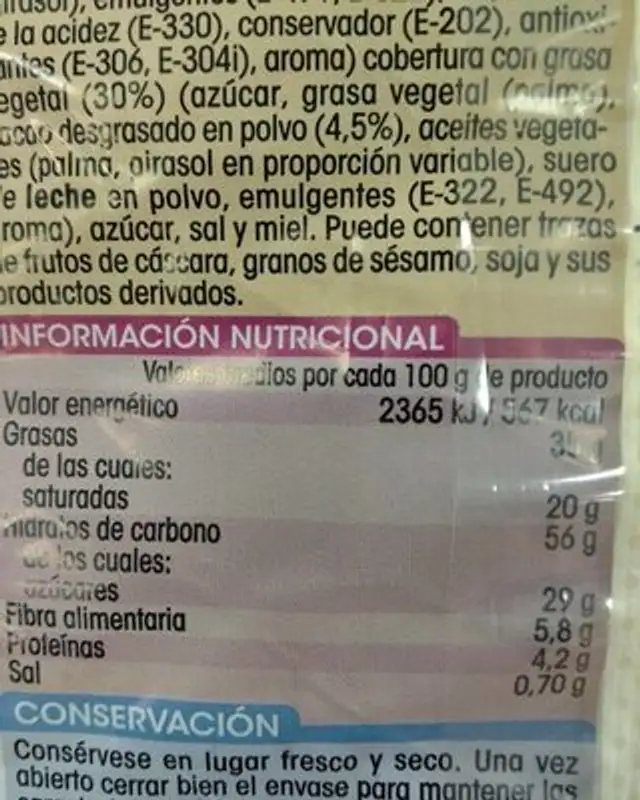 Palmeras recubiertas de cacao nutrition facts table