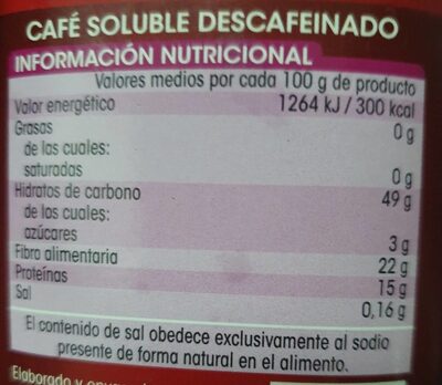 Café soluble descafeinado nutrition facts table