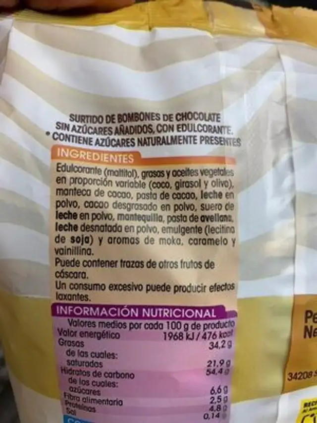 Bombones de chocolate surtidos ingredients label
