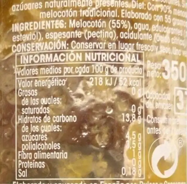 Mermelada melocotón Diet nutrition facts table