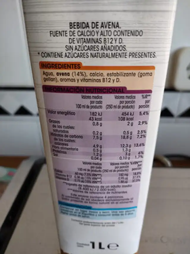 Bebida de Avena ingredients label